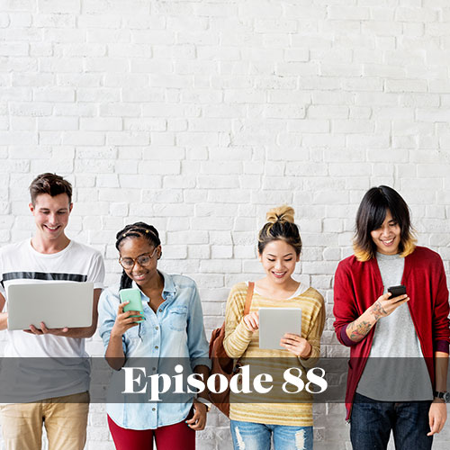 The impact of technology on education, We Love Schools podcast, group of high schoolers using different forms of technology