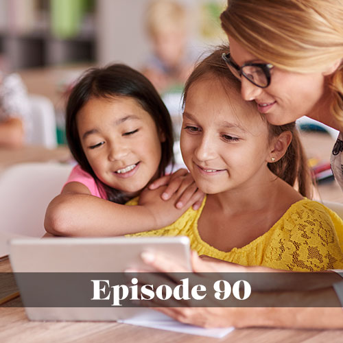 Navigating technology in schools, We Love Schools Podcast, teacher helping young students with a project on an iPad